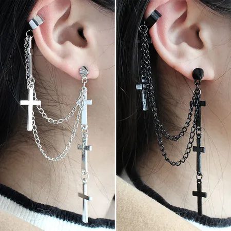 Imagen de producto de: Arete Cruz con doble cadena negro metalico